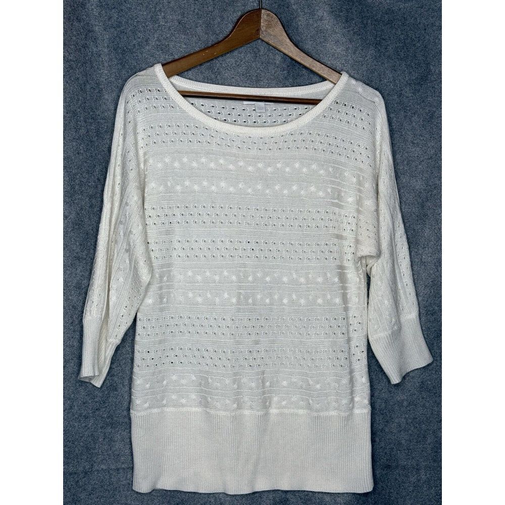 New York & Company Womens Sz L Ivory Knit 3/4 Sleeve Pullover Sweater Crochet